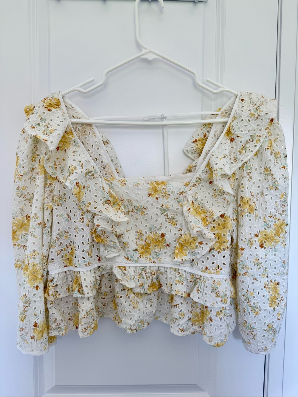 White Eyelet Ruffle Floral Blouse with Yellow Accents